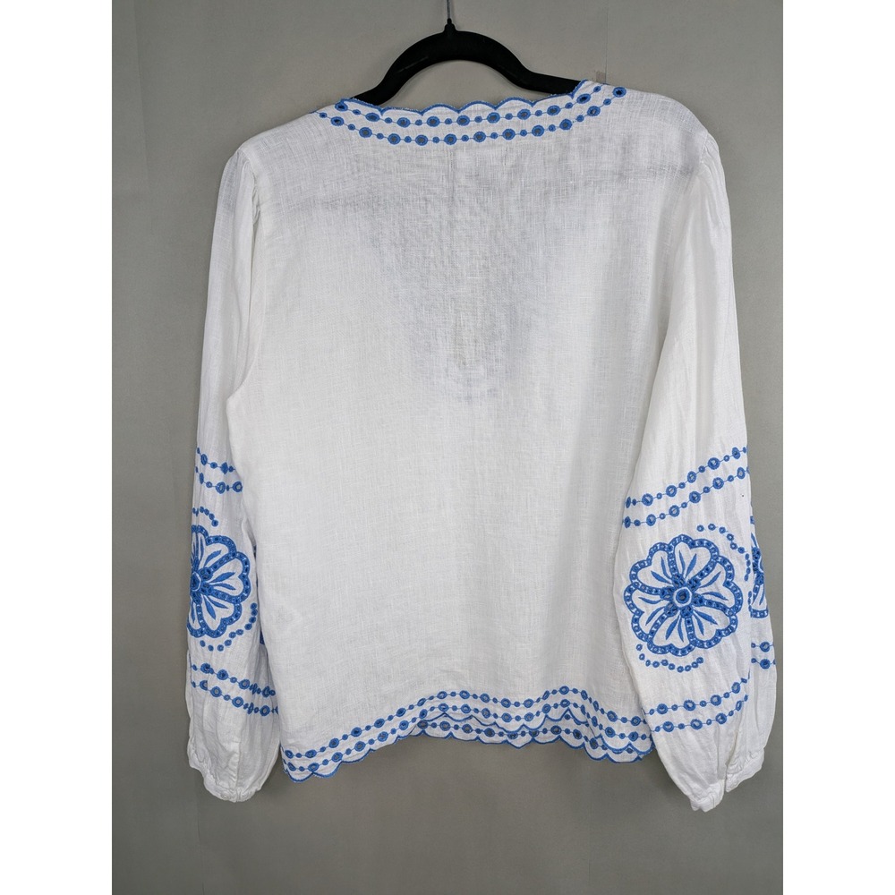 J. Crew Womens Bungalow Linen Embroidered Top Sz M White Blue Boho Cottagecore - Picture 8 of 11